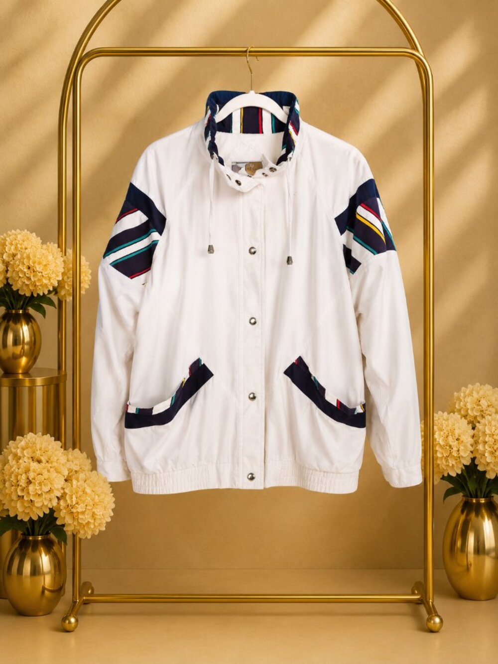Current Seen M White Navy Multicolor Windbreaker Jacket Retro 90s Preppy Sporty
